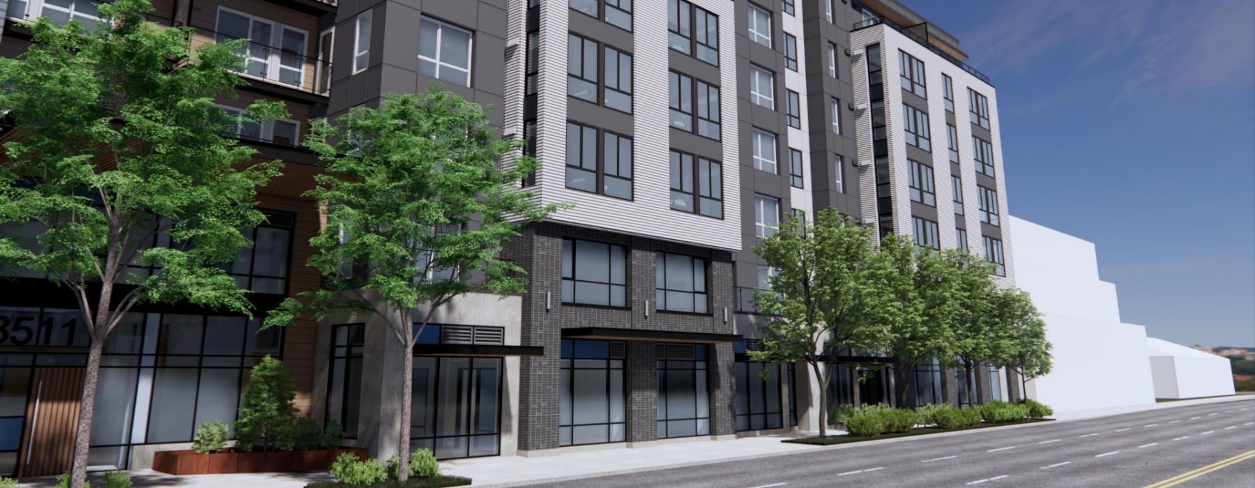 a building with trees in front